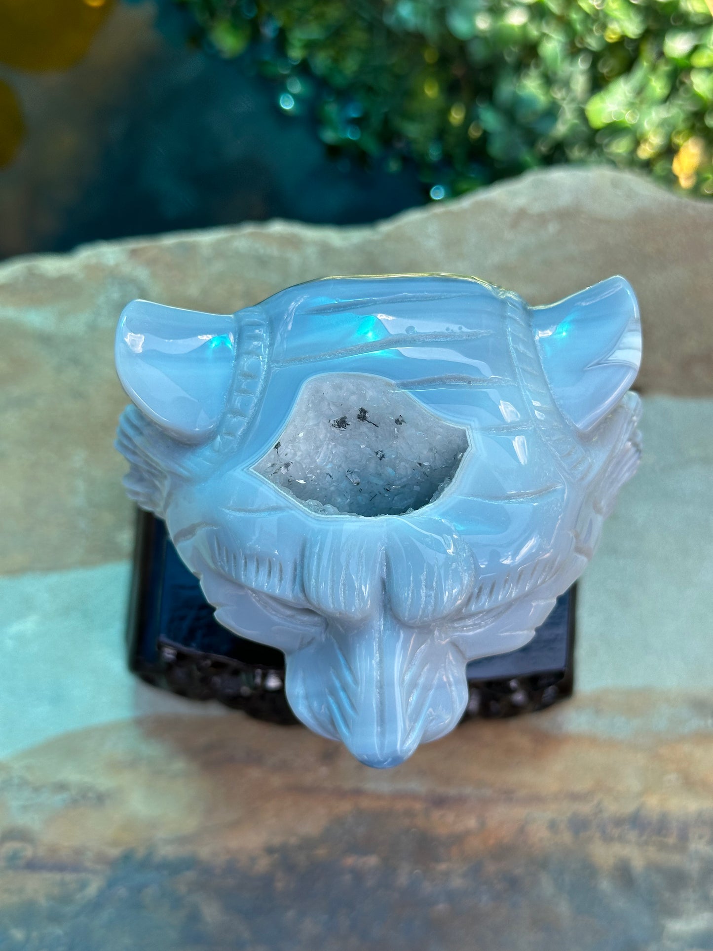 Blue Agate Lion Head on Stand