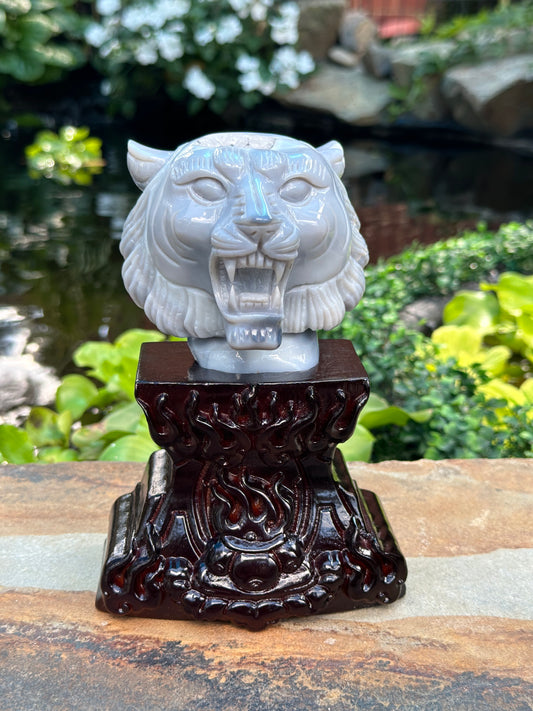 Blue Agate Lion Head on Stand